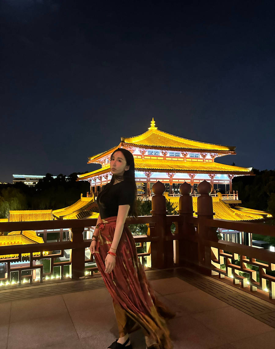 娄艺潇晒西安夜景随拍 穿马面裙秀发飘逸优雅温柔