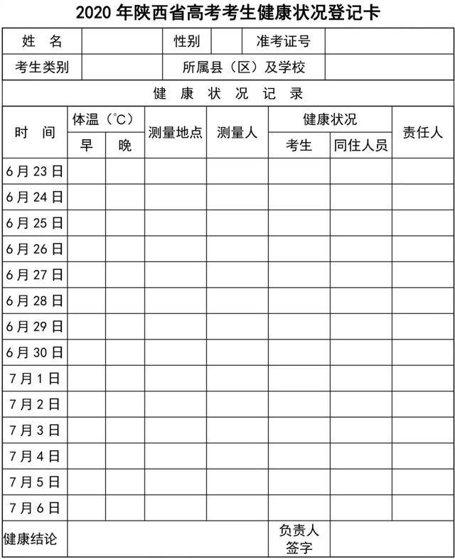 附:2020年陕西省高考考生健康状况登记卡