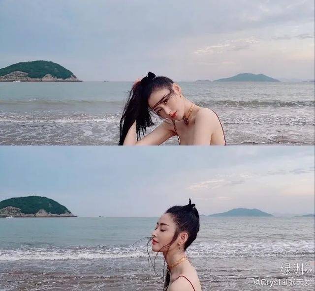 曲线|张天爱海边红吊带裙秀香肩曲线玲珑！雪肤娇嫩魔鬼身材