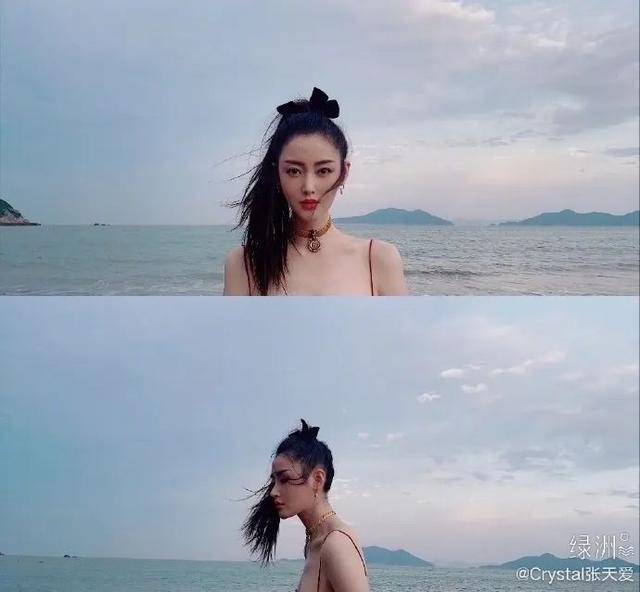 曲线|张天爱海边红吊带裙秀香肩曲线玲珑！雪肤娇嫩魔鬼身材