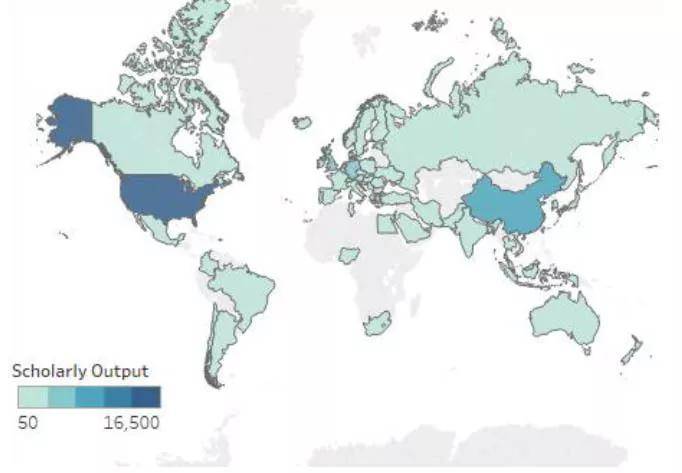 2014 2018年在阿尔茨海默病研究中,发表至少50篇出版物的国家分布