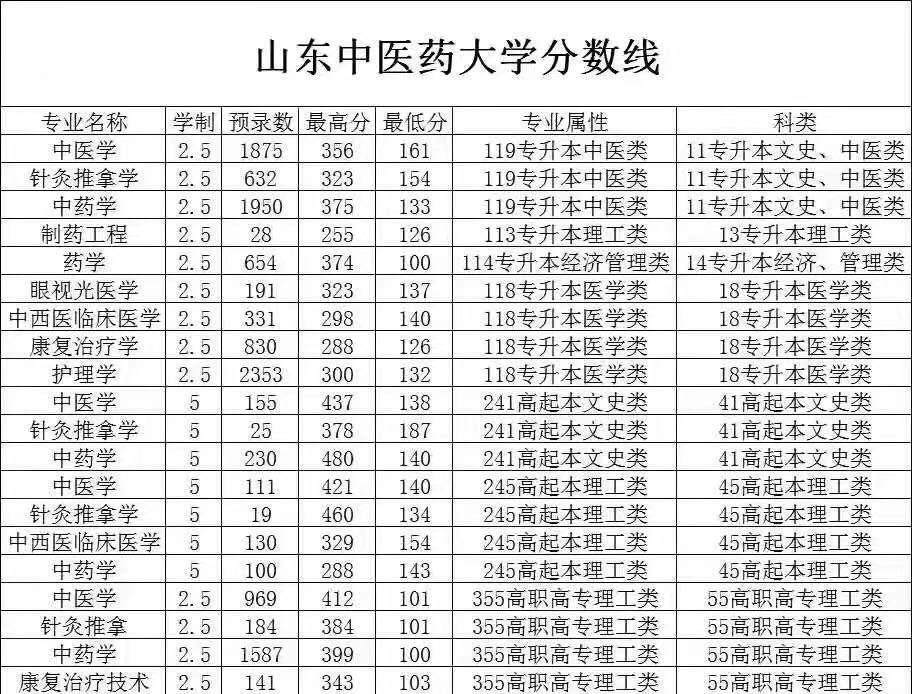 山东中医药大学成考录取分数线