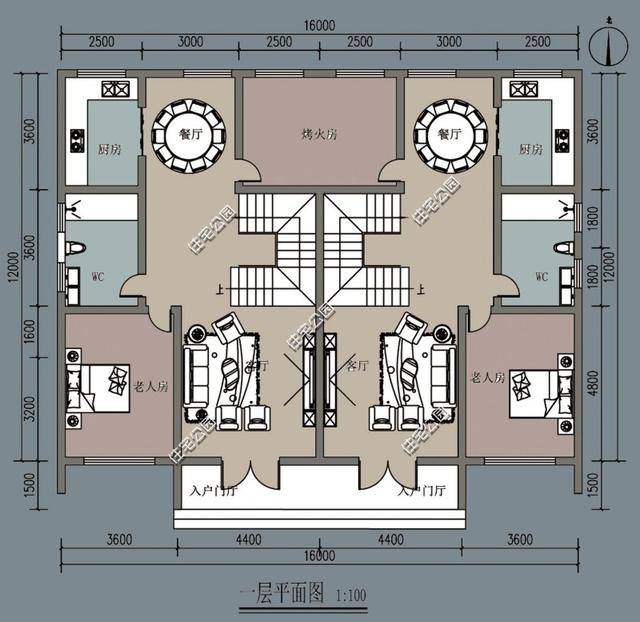 农村宅基地16×12m,一侧不开窗,该如何设计双拼户型?