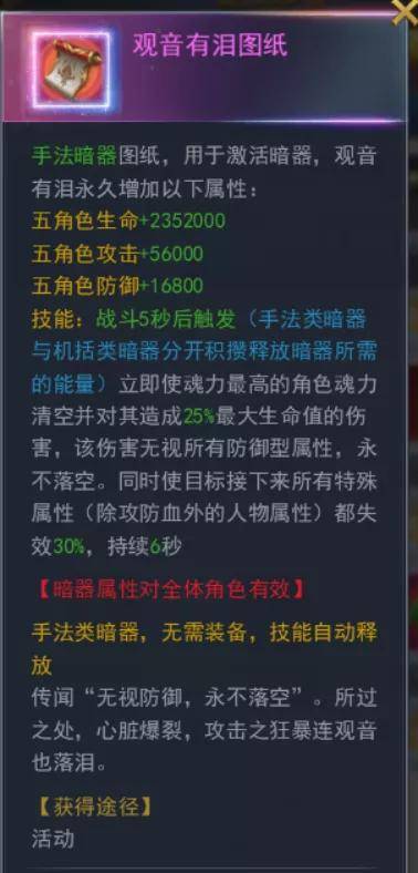 特点:该暗器为手法类暗器,不消耗机括类暗器的能量条,战斗5秒后必定