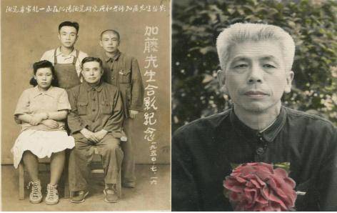 左为1950年龙一飞先生(二排右)与其老师加藤合影 右为1965年荣获全国