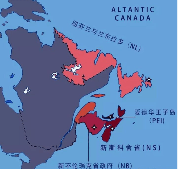 分别为新斯科舍省(ns),新不伦瑞克省(nb),爱德华王子岛(pei)和纽芬兰