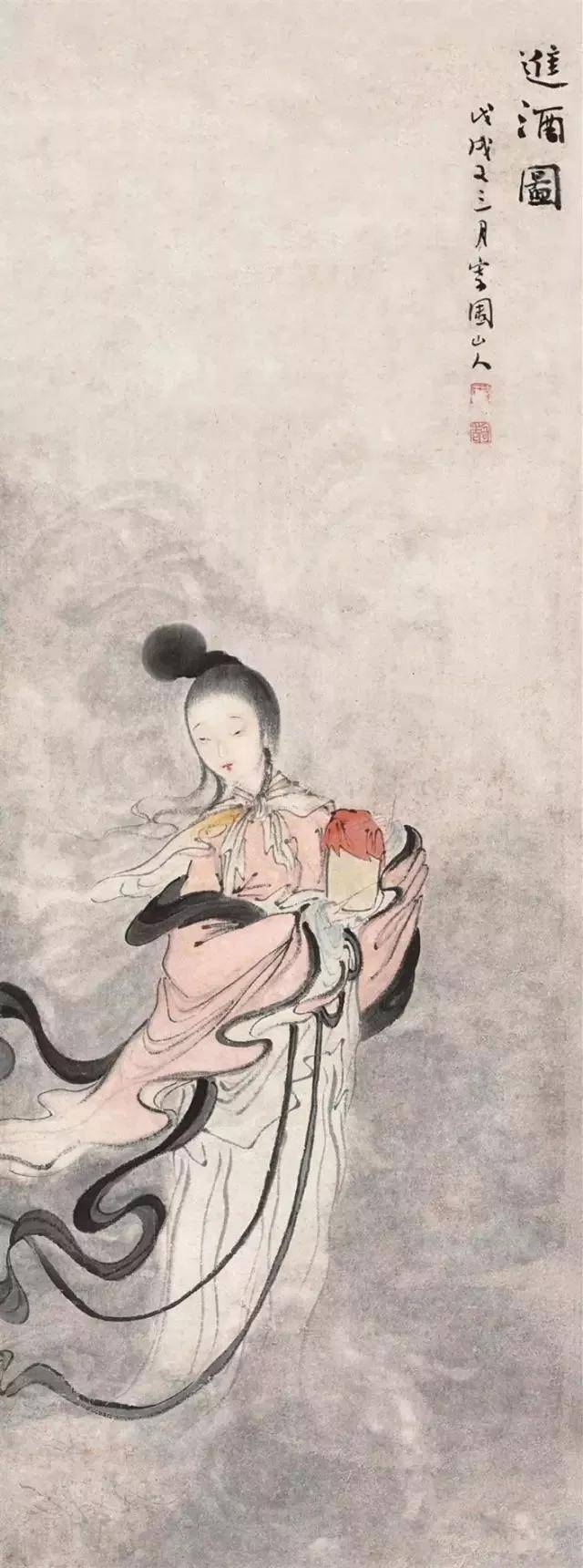 A874 伊勢大輔 筆 【美人画】人物画 彩色 扇面 掛軸 共箱 在銘 落款