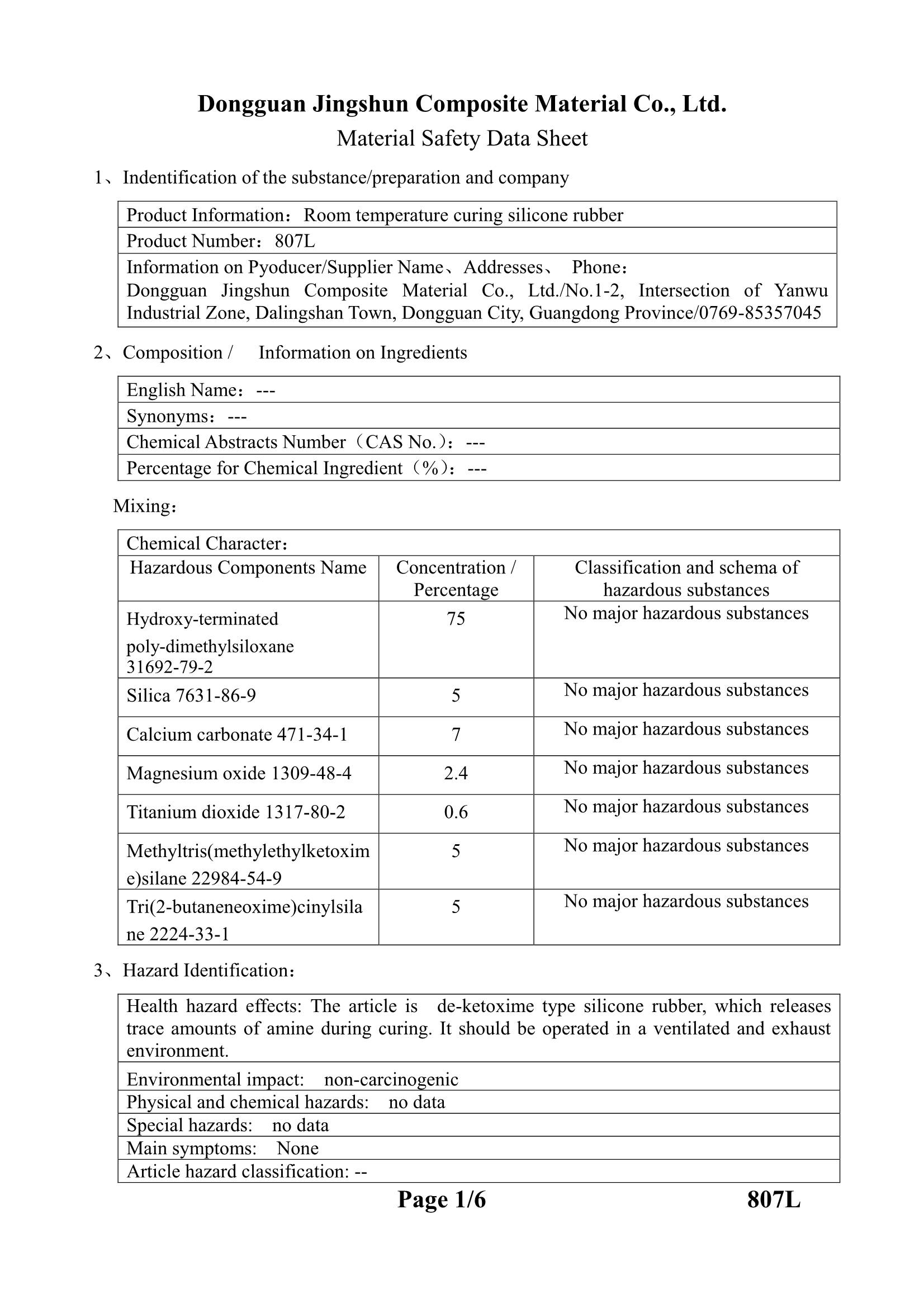 807L Silica GlueMSDS
