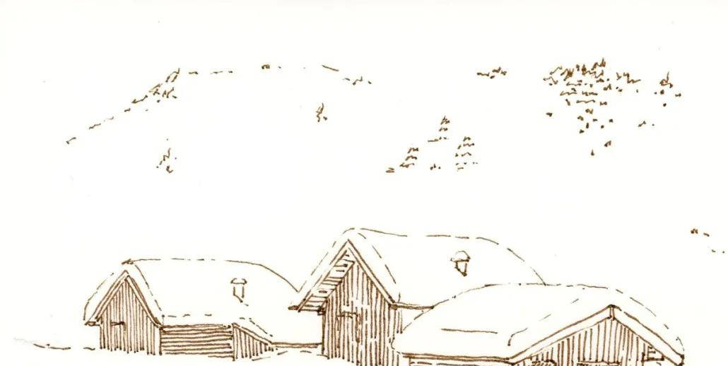 02用2b铅笔画出雪景的构图,描绘出木头屋的形体.