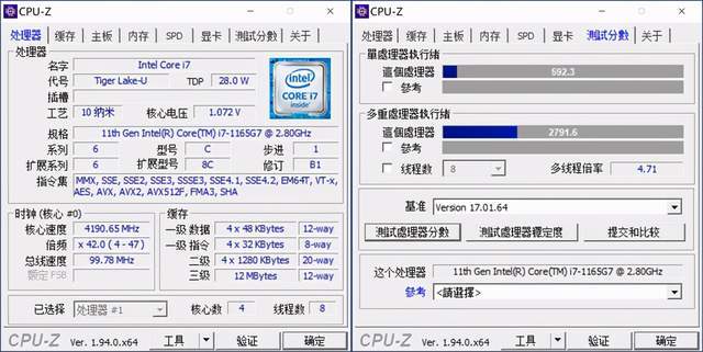在cpu-z自带的基准测试当中,这颗酷睿i7-1165g7处理器的单核得分为592