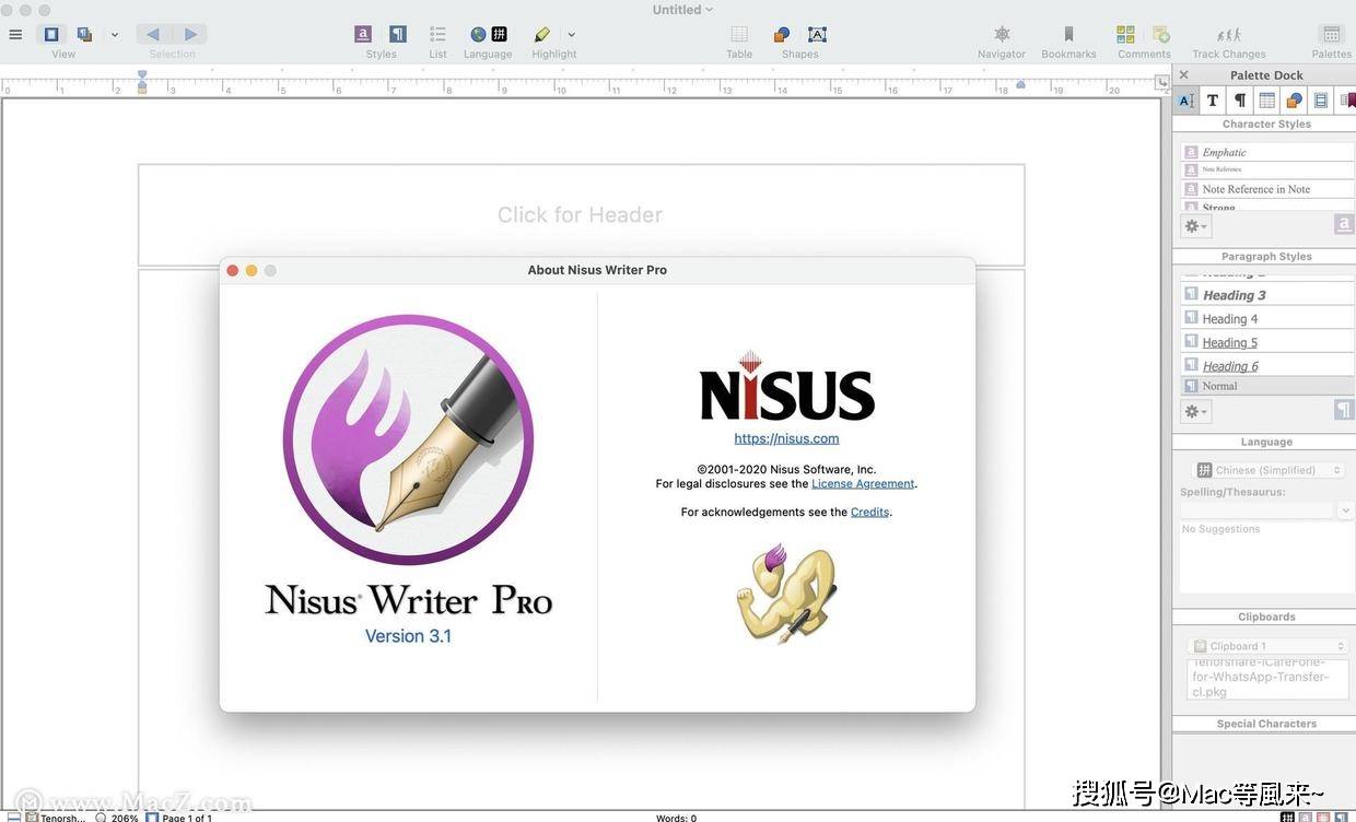 nisus writer pro default document settings