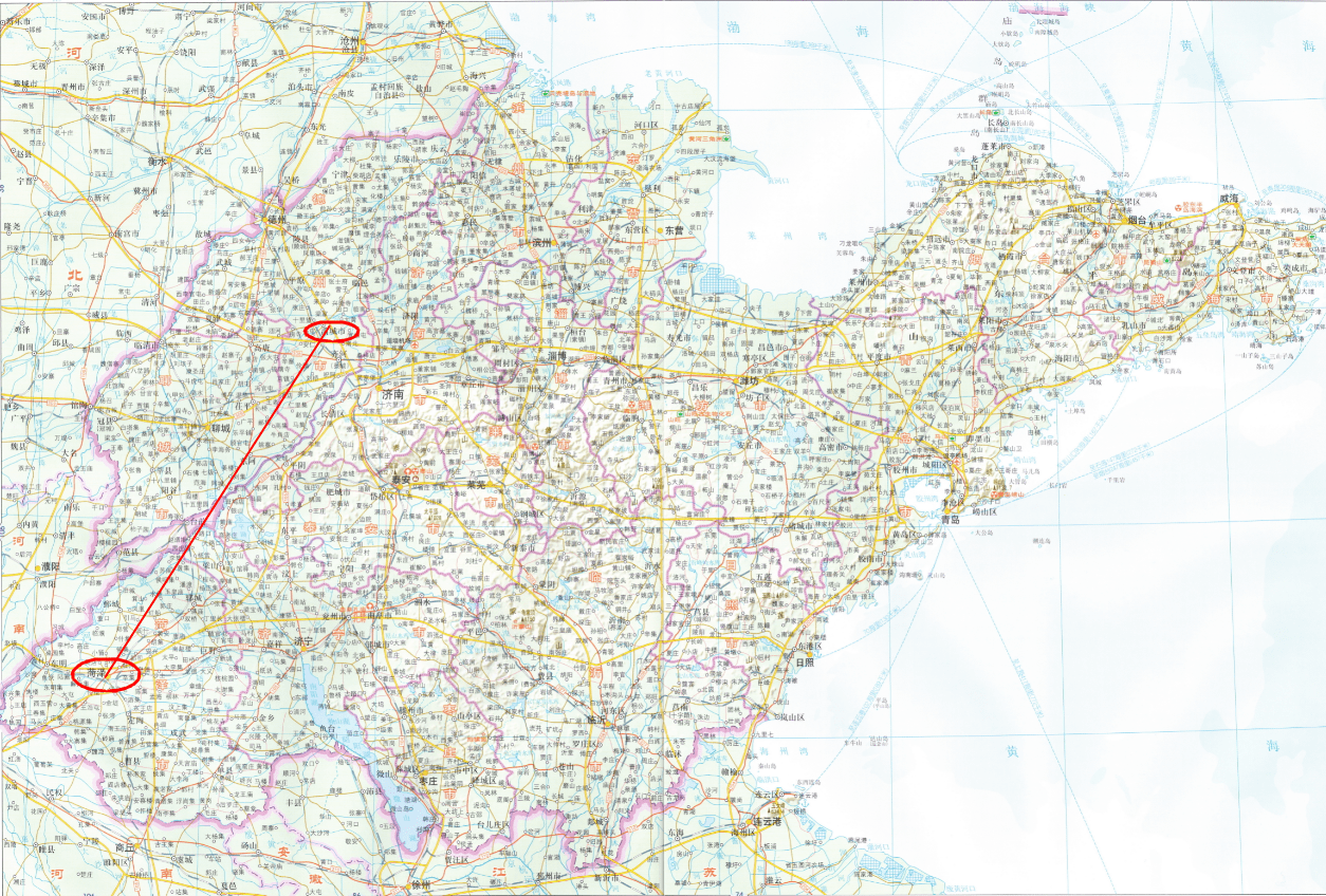 一个在山东省西南部,一个则位于西北部,两者在卫星地图上测量到的直线