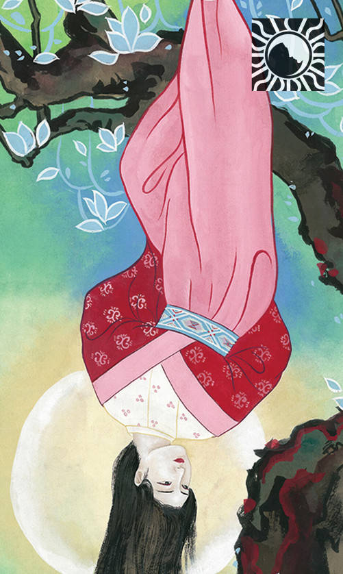 1/ 12 画面描绘了一个被倒吊在树上的女人,她的一只脚被吊着,另一只