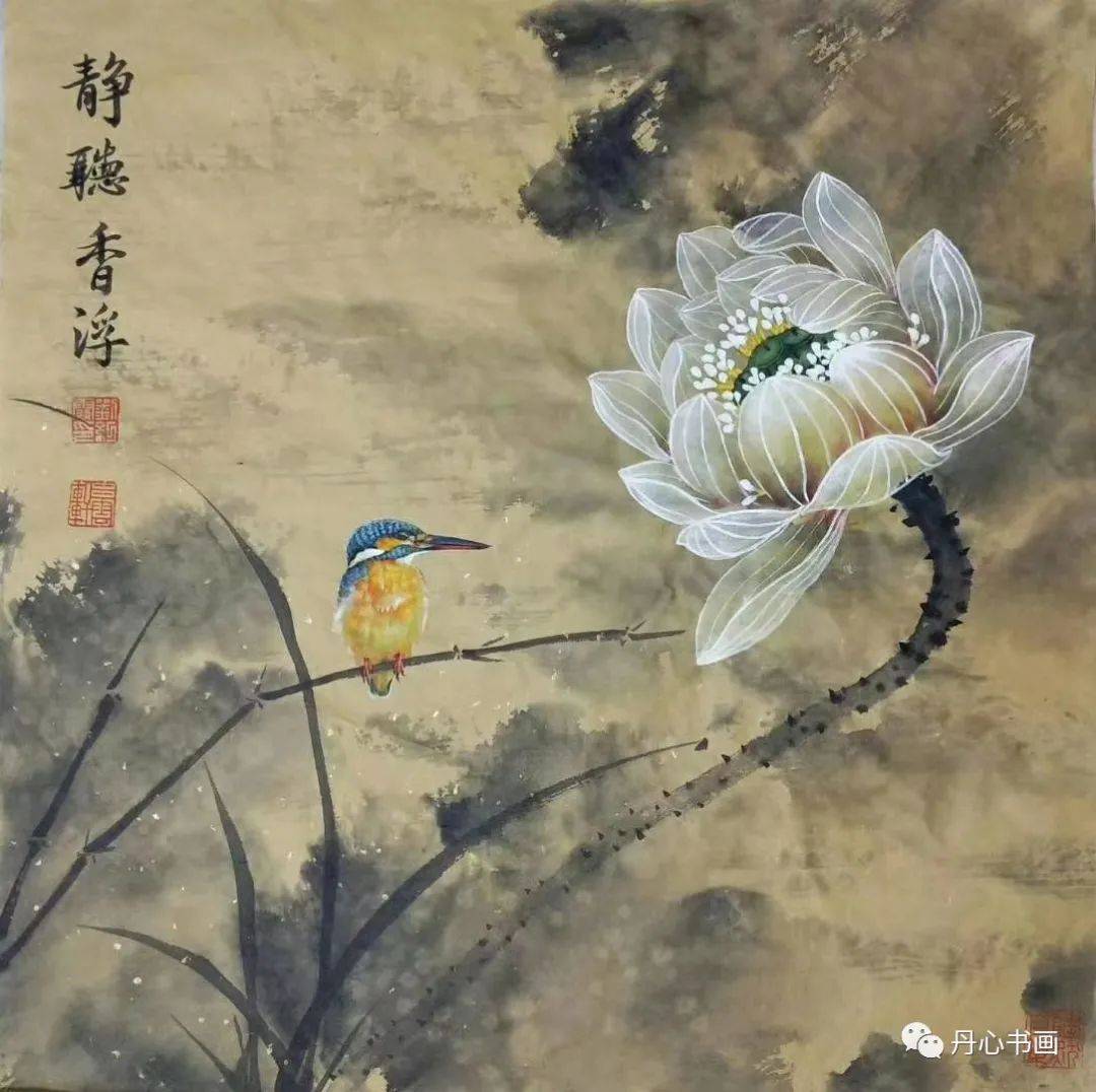 荷花翠鸟别具一格古雅空灵禅意花鸟画家刘红霞