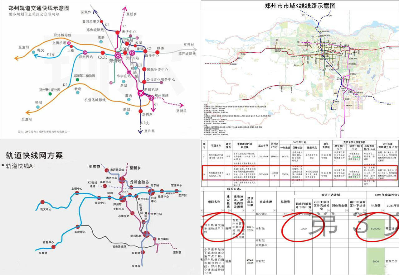 网传郑州三条轨道快线走向,官方信息透露k2进度居前网上流传的信息