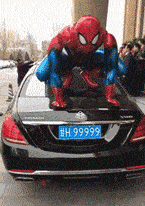 搞笑段子GIF：刚给爱车上了一个好牌，就连蜘蛛侠都来祝贺了。_妹子