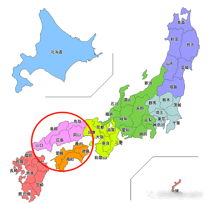 *日本地图(红圈内为中国四国地区) 中国地方和四国地方就隔了一个