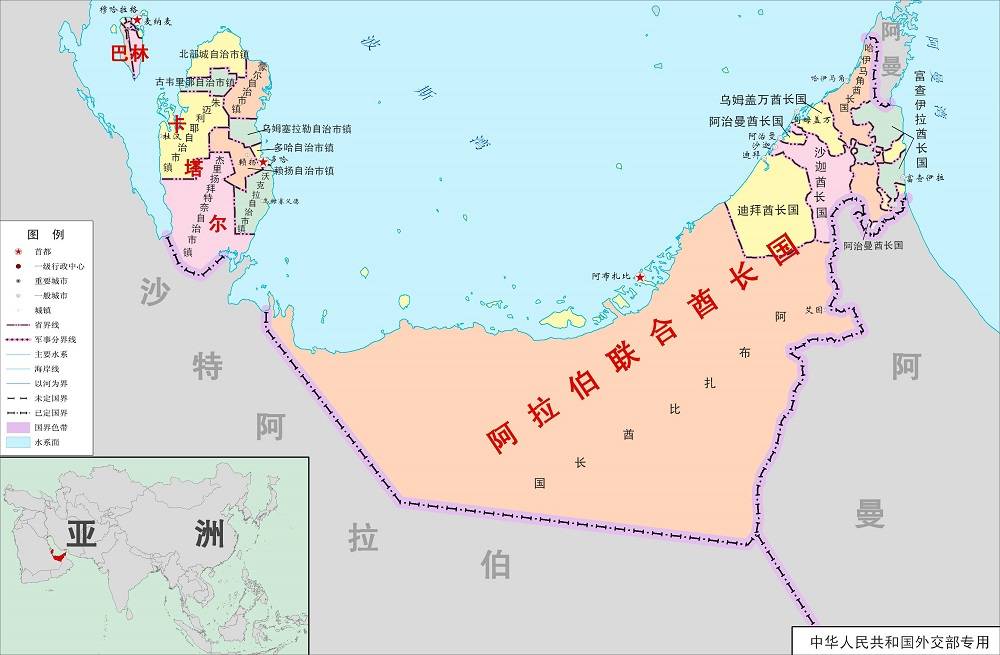 卡塔尔,巴林,阿联酋行政区划图