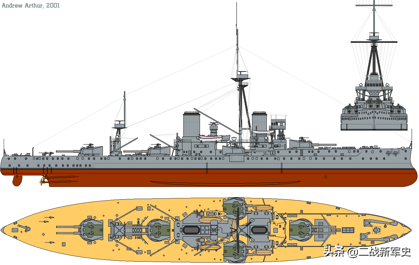 英国海军"无畏"号战列舰的三视线图,全部主炮统一为305毫米舰炮.