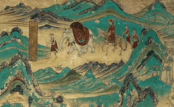 此为敦煌莫高窟的唐代第103窟的壁画一隅,描绘唐僧师徒自天竺取经后
