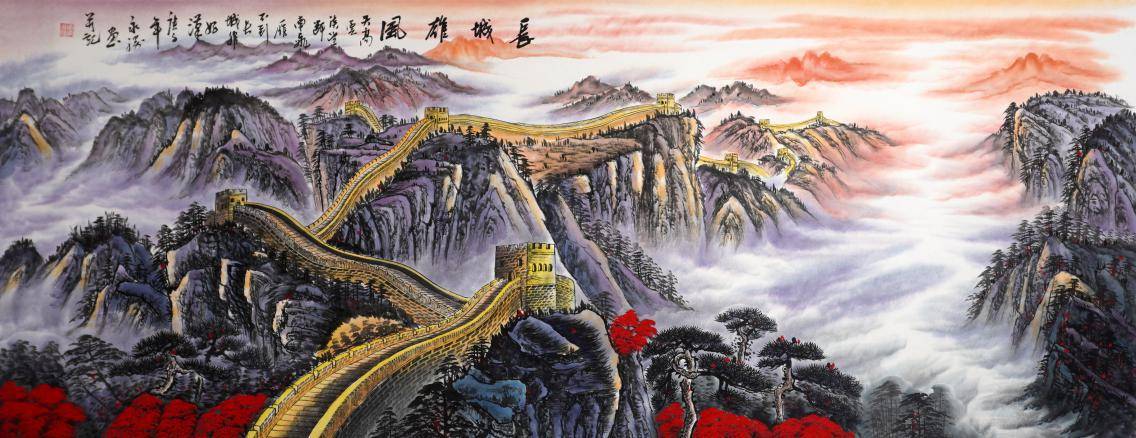 卢永胜老师八平尺横幅的国画山水画作品,左侧山丘山