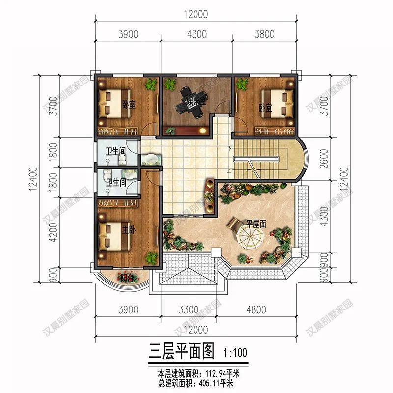 二层平面功能布置:休息厅,客厅中空,卧室,卫生间,阳台,旋转楼梯.