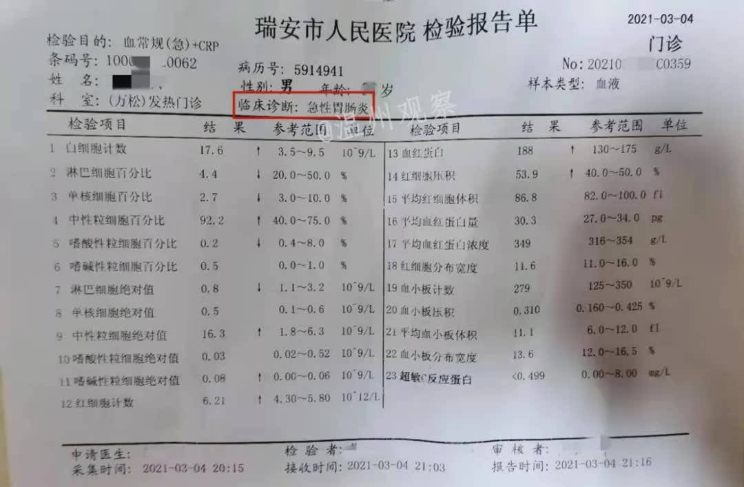 无法忍受只能去医院进行检查, 最终结果显示为急性肠胃炎.