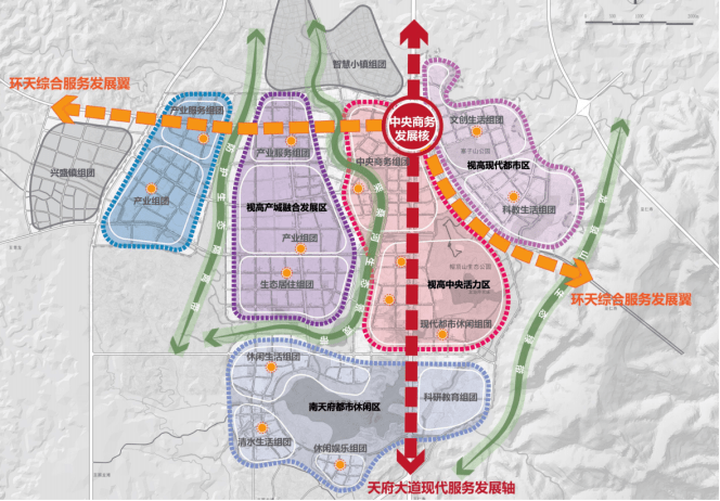 从视高的规划看,有视高现代都市区,视高中央活力区,南天府都市休闲区