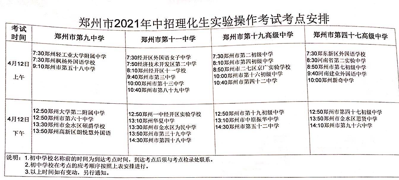 速看2021郑州市中招理化生考试考点安排