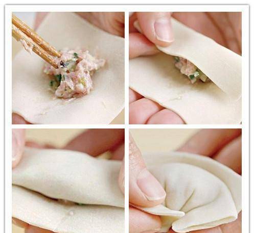 2,四川抄手 (1)取一张馄饨皮平放于手心,用筷子夹取适量的肉馅放在
