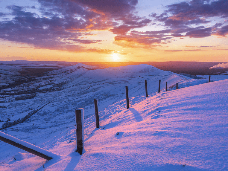 英国德比郡日出风光壮美雪景如诗如画
