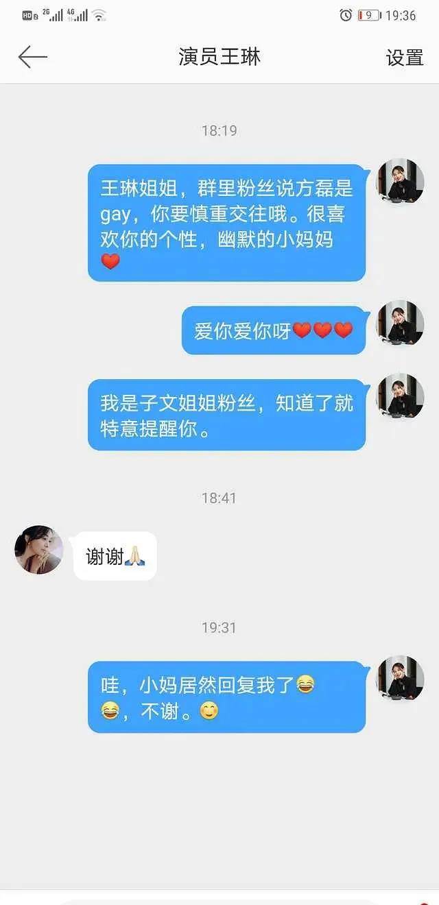 更有王子文的粉丝私信王琳,直言方磊疑似gay,王琳回复称" 谢谢".