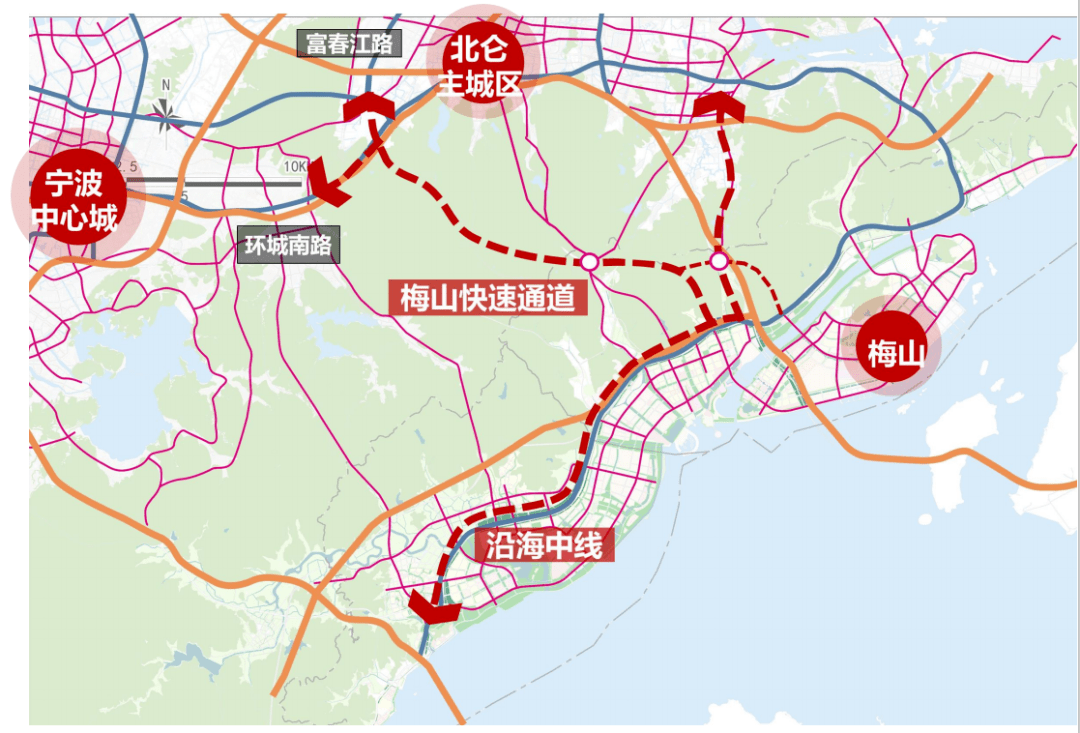 这条谋划中的快速路如果成型,将  把梅山湾新城纳入宁波中心城的城市