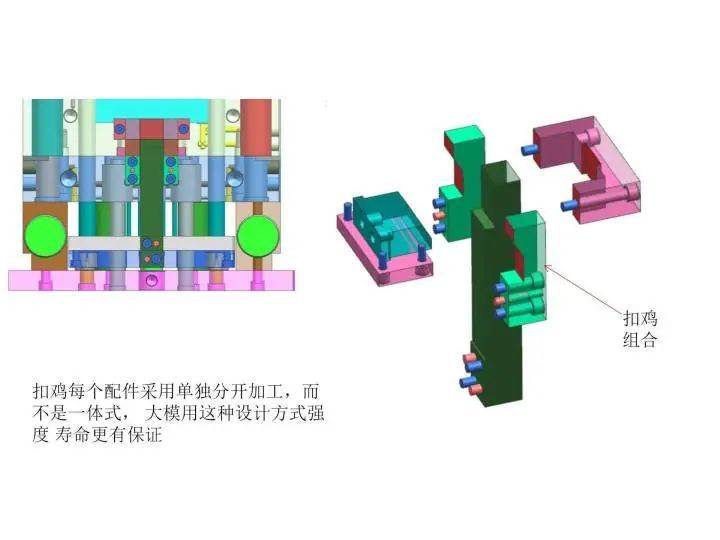 注塑模具另类前模斜顶滑块上走小滑块设计弹板二次顶出结构图档