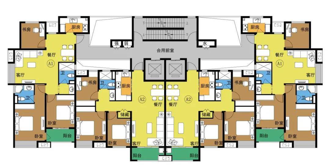 连廊户型一原本居中的电梯井被分别放置到两边,中间依靠连廊连通