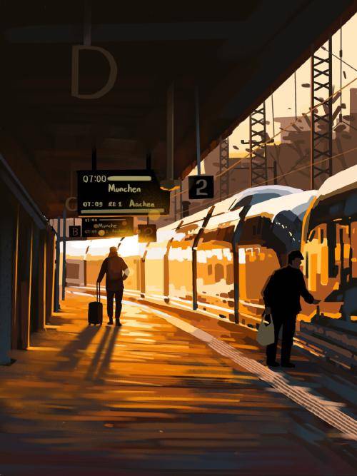 场景插画~夕阳下的高铁站台