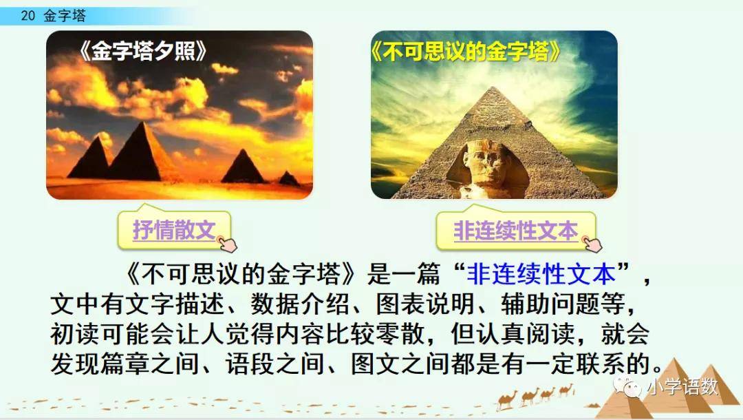 教材分析 课文《金字塔》编排了两篇短文,分别是散文《金字塔夕照》