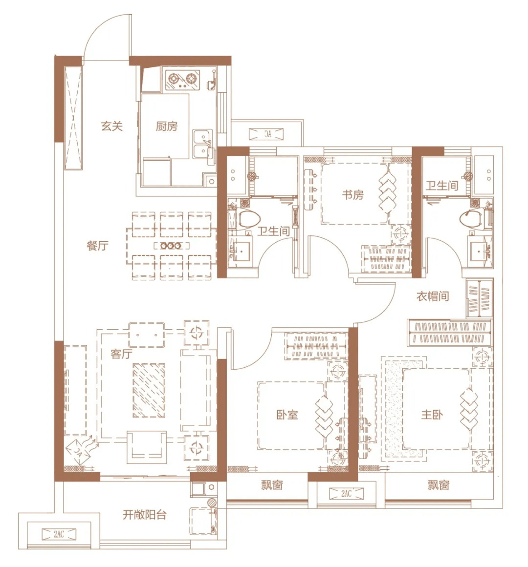 *建筑面积约106㎡三室两厅两卫户型图