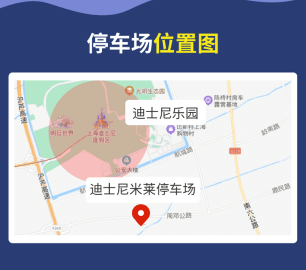 上海迪士尼乐园共4个官方停车场,距迪士尼乐园约2公里.