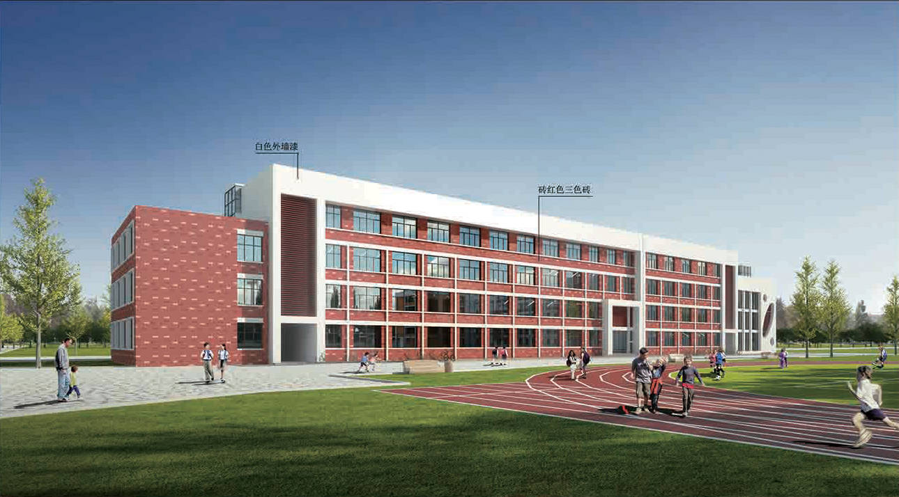新增的教学楼,综合楼延续学校的现状建筑风格,采用砖红色三色砖,搭配