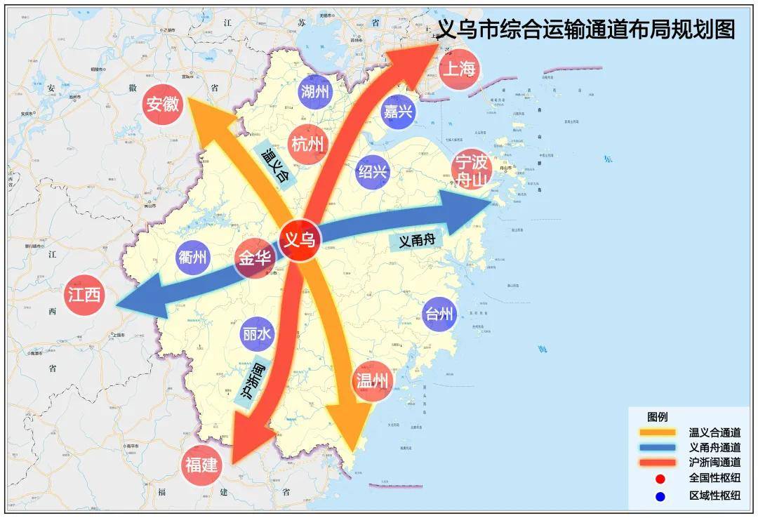 义乌"三轴六向"交通大通道规划示意图 绕城高速"路路通"