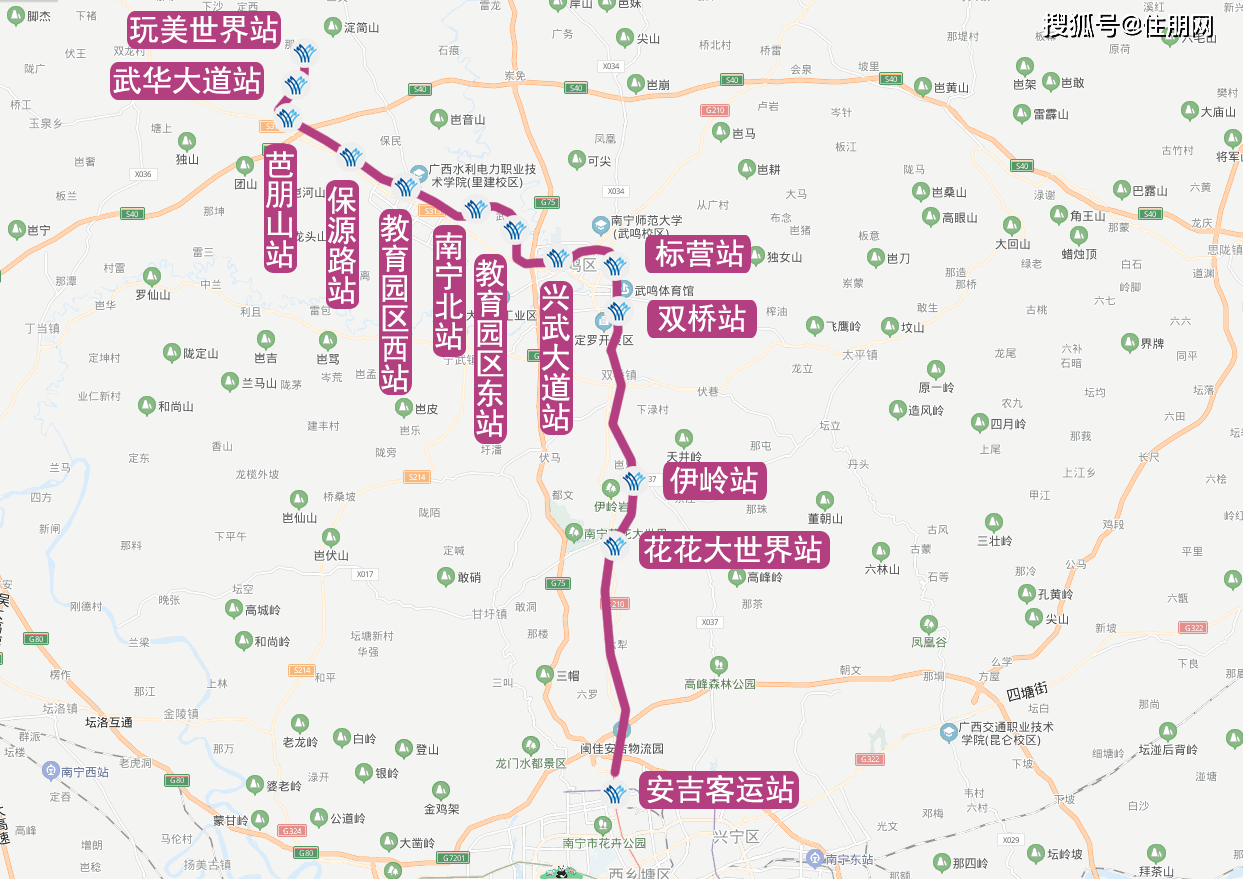 市郊铁路武鸣线站点图线路从安吉客运站出发经g210国道过花花大世界