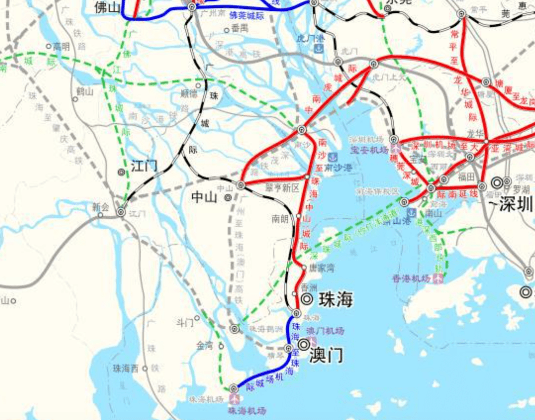 澳大湾区城际铁路建设规划示意图由图可见,鹤洲站有3条重要的轨道交通