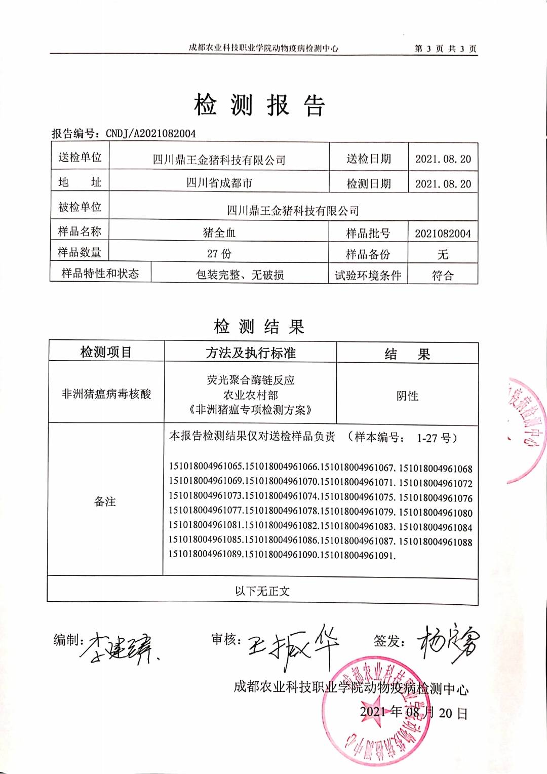 鼎王金猪8月20日猪全血检测报告