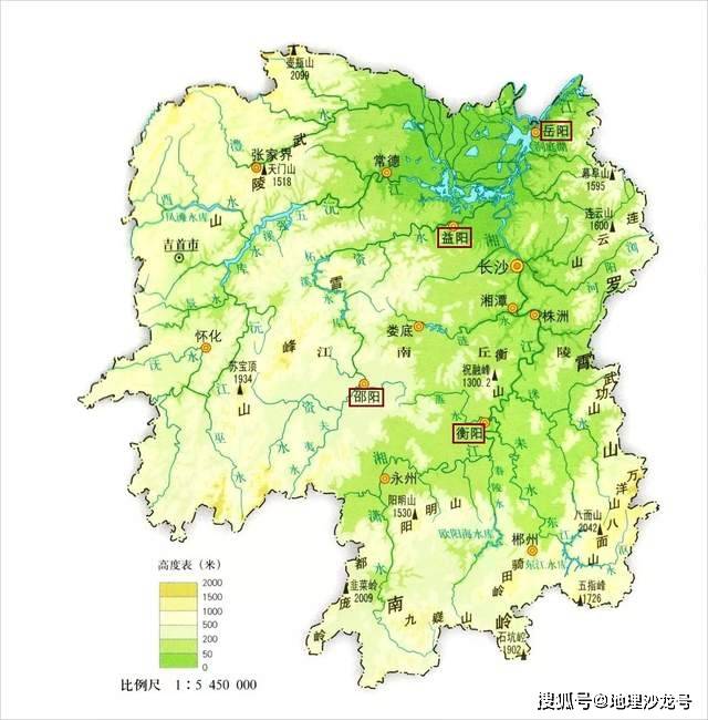 湖南省地形图从湖南省的地形来看,地处我国东南丘陵中的江南丘陵地区