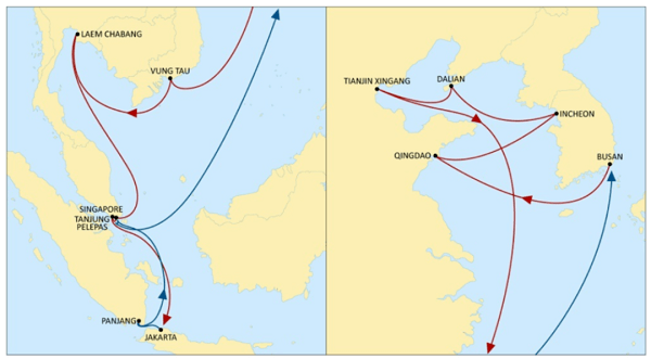 挂靠港序:釜山-青岛-仁川-大连-天津新港-头顿-林查班-新加坡-丹戎