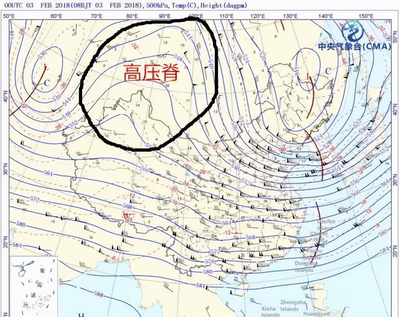 中亚和东北被低压槽控制,贝加尔湖以南到中国新疆北部则被高压脊控制