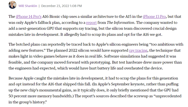 苹果在GPU上“原地踏步”原因曝光：设计缺陷不得不使用A15的设计