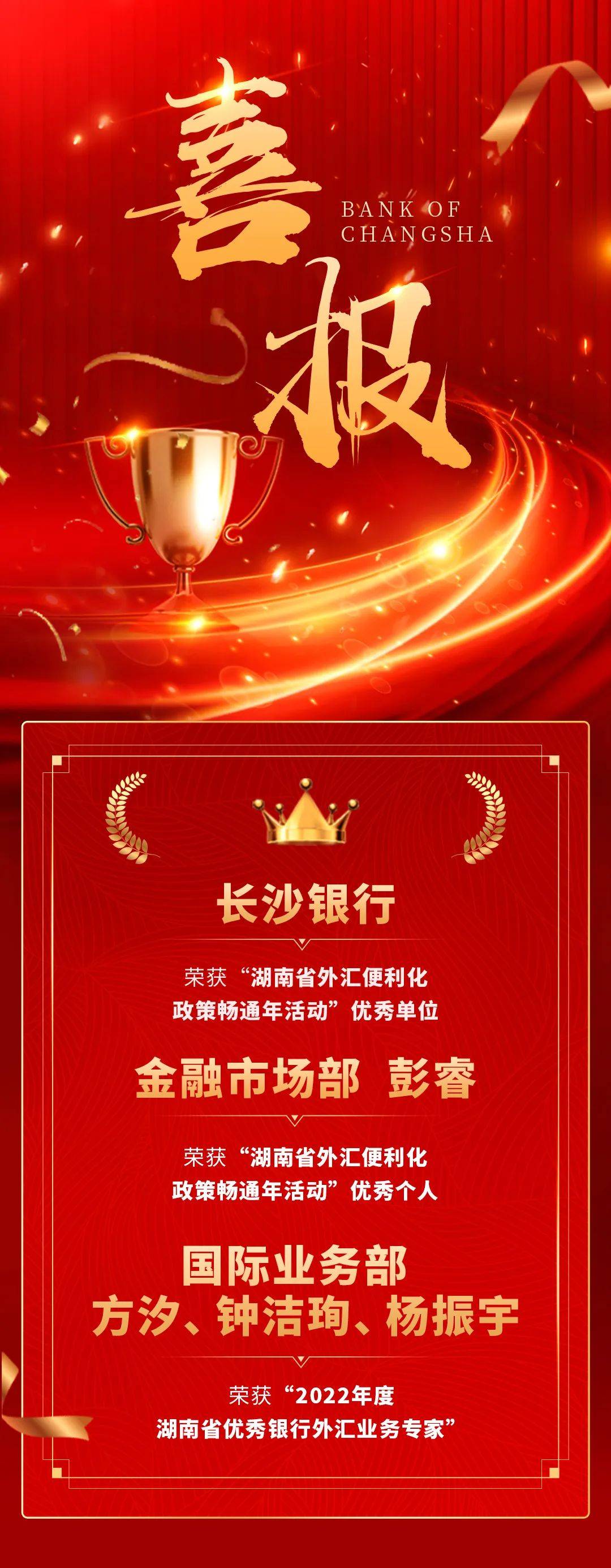 喜讯！长沙银行荣获国家外汇管理局湖南省分局三项表彰