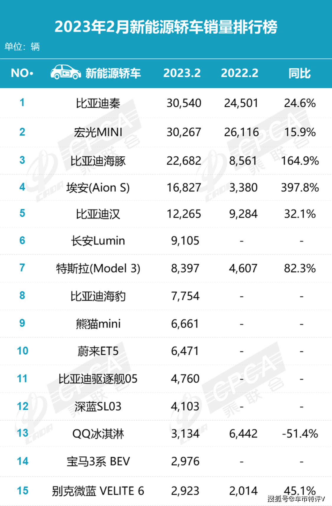 2月新能Kaiyun 开云源轿车销量排行榜：比亚迪秦夺冠海豚第三特斯拉仅第七(图2)